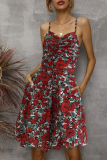 Fashion Elegant Print Split Joint Buckle V Neck A Line Dresses