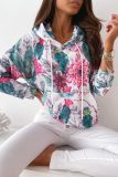 Casual Floral Split Joint Pocket Hooded Collar Tops