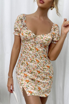 Fashion Elegant Floral Frenulum Slit V Neck Pencil Skirt Dresses