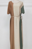 Casual Color Lump With Belt  Contrast O Neck Dresses