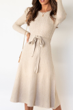 Elegant Solid With Belt O Neck Dresses Sweater