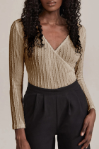 Casual Solid Split Joint V Neck Tops
