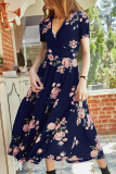 Fashion Elegant Print Split Joint V Neck A Line Dresses