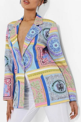Street Print Split Joint Buttons Turn-back Collar Outerwear