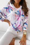 Casual Floral Split Joint Pocket Hooded Collar Tops