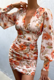 Fashion Elegant Floral Split Joint Fold V Neck Wrapped Skirt Dresses