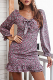 Elegant Floral Flounce With Bow V Neck Pencil Skirt Dresses