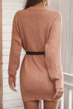 Casual Solid Split Joint With Belt O Neck Dresses Sweater
