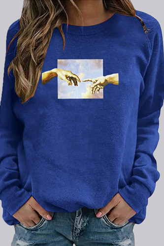 Fashion Street Print Split Joint O Neck Tops