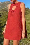 Casual Solid Hollowed Out Frenulum O Neck A Line Dresses