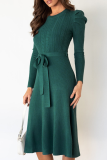 Elegant Solid With Belt O Neck Dresses Sweater