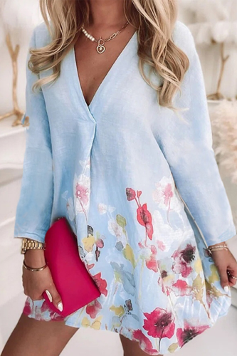 Casual Floral Split Joint V Neck A Line Dresses