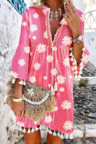Fashion Casual Print Tassel V Neck Princess Dresses