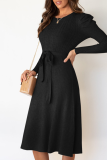 Elegant Solid With Belt O Neck Dresses Sweater
