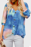 Casual Tie Dye Split Joint Buckle V Neck Tops