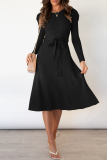 Elegant Solid With Belt O Neck Dresses Sweater