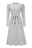 Elegant Solid With Belt O Neck Dresses Sweater