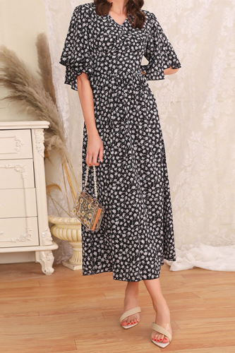 Elegant Floral Split Joint Flounce V Neck Dresses