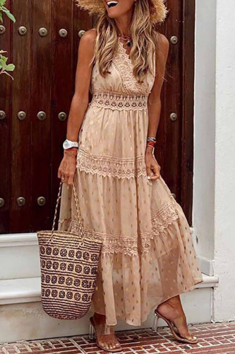Fashion Casual Solid Patchwork V Neck Cake Skirt Dresses