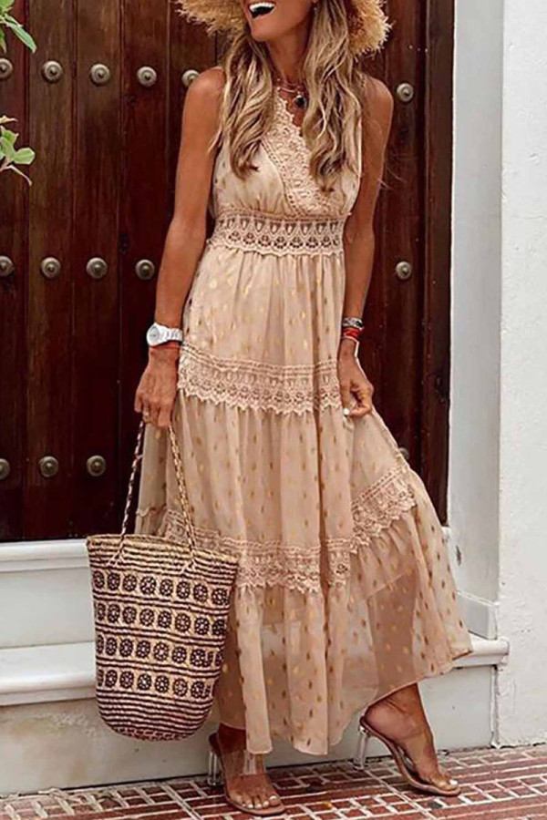 Fashion Casual Solid Patchwork V Neck Cake Skirt Dresses
