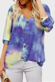 Casual Tie Dye Split Joint Buckle V Neck Tops