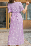 Elegant Print Buckle Flounce O Neck A Line Dresses