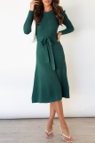 Elegant Solid With Belt O Neck Dresses Sweater