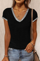 Fashion Street Solid Split Joint V Neck T-Shirts