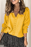 Casual Solid Lace Split Joint Buckle V Neck Tops