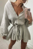 Casual Solid Buckle With Belt O Neck Shirt Dress Dresses