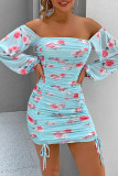 Fashion Street Print Fold Off the Shoulder Wrapped Skirt Dresses