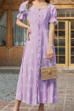 Elegant Print Buckle Flounce O Neck A Line Dresses