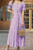 Elegant Print Buckle Flounce O Neck A Line Dresses