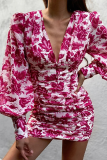Fashion Elegant Floral Split Joint Fold V Neck Wrapped Skirt Dresses