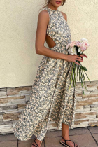 Sweet Elegant Floral Split Joint Backless O Neck A Line Dresses
