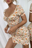 Fashion Elegant Floral Frenulum Slit V Neck Pencil Skirt Dresses