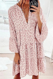 Casual Print Split Joint Flounce V Neck Cake Skirt Dresses