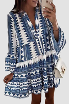 Casual Print Split Joint Flounce V Neck Cake Skirt Dresses