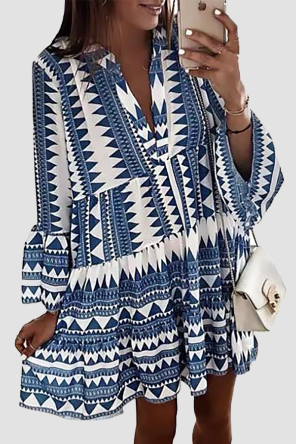 Casual Print Split Joint Flounce V Neck Cake Skirt Dresses