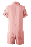 Casual Solid Patchwork Buckle Turndown Collar Straight Rompers