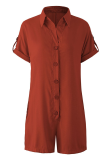 Casual Solid Patchwork Buckle Turndown Collar Straight Rompers