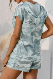 Fashion Casual Print Split Joint Hooded Collar Short Sleeve Two Pieces