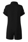 Casual Solid Patchwork Buckle Turndown Collar Straight Rompers