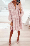 Casual Print Split Joint Flounce V Neck Cake Skirt Dresses