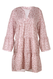 Casual Print Split Joint Flounce V Neck Cake Skirt Dresses
