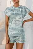 Fashion Casual Print Split Joint Hooded Collar Short Sleeve Two Pieces