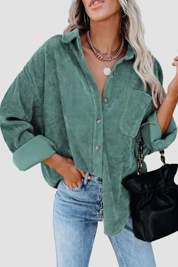 Casual Street Solid Pocket Buckle Turndown Collar Tops