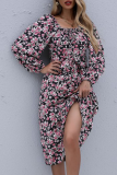 Elegant Floral Frenulum Fold Square Collar A Line Dresses