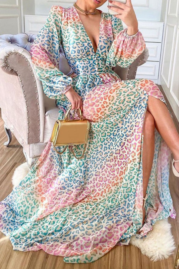Fashion Casual Print Split Joint V Neck A Line Dresses