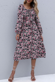 Elegant Floral Frenulum Fold Square Collar A Line Dresses